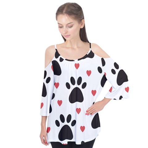 Dog Paw Vector Seamless Pattern With Hearts Flutter Sleeve T-shirt by Perong