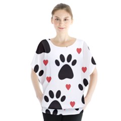 Dog Paw Vector Seamless Pattern With Hearts Batwing Chiffon Blouse