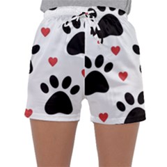 Dog Paw Vector Seamless Pattern With Hearts Sleepwear Shorts by Perong