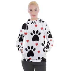 Dog Paw Vector Seamless Pattern With Hearts Women s Hooded Pullover