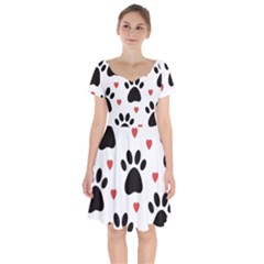 Dog Paw Vector Seamless Pattern With Hearts Short Sleeve Bardot Dress by Perong