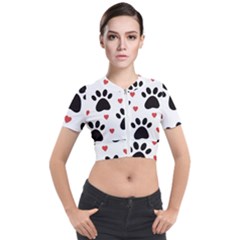 Dog Paw Vector Seamless Pattern With Hearts Short Sleeve Cropped Jacket by Perong