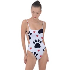 Dog Paw Vector Seamless Pattern With Hearts Tie Strap One Piece Swimsuit by Perong