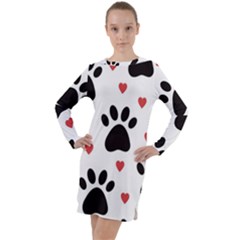 Dog Paw Vector Seamless Pattern With Hearts Long Sleeve Hoodie Dress