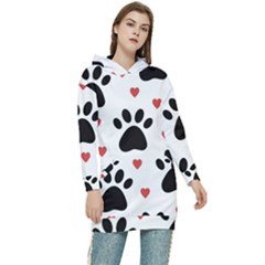 Dog Paw Vector Seamless Pattern With Hearts Women s Long Oversized Pullover Hoodie