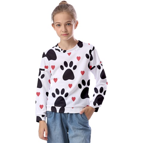 Dog Paw Vector Seamless Pattern With Hearts Kids  Long Sleeve T-shirt With Frill  by Perong