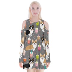 Corgi Boba Tea Bubble Tea Kawaii Food Welsh Corgis Dog Velvet Long Sleeve Shoulder Cutout Dress