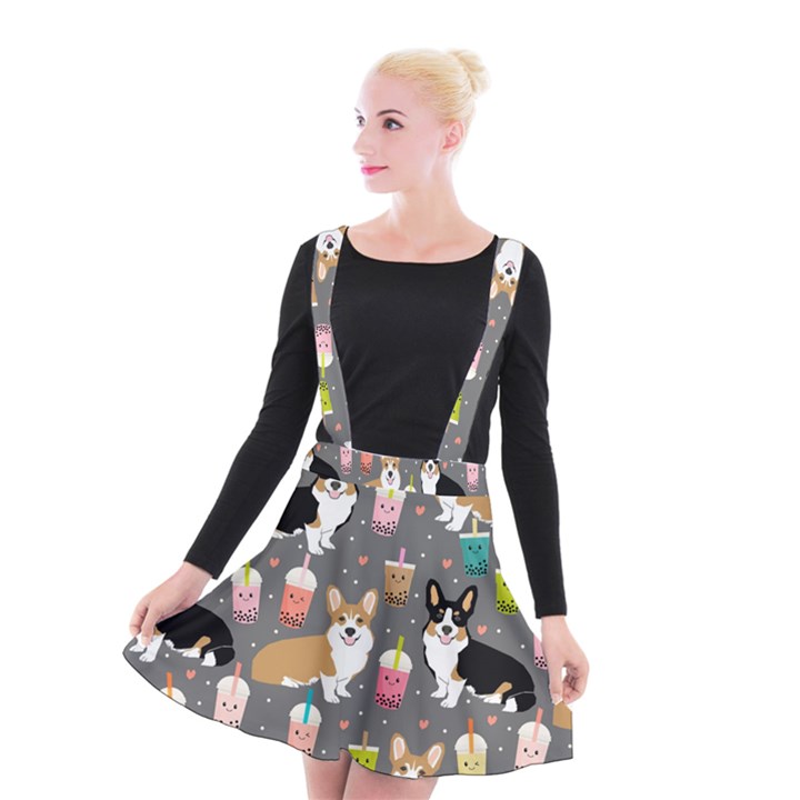 Corgi Boba Tea Bubble Tea Kawaii Food Welsh Corgis Dog Suspender Skater Skirt