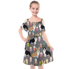 Corgi Boba Tea Bubble Tea Kawaii Food Welsh Corgis Dog Kids  Cut Out Shoulders Chiffon Dress by Perong