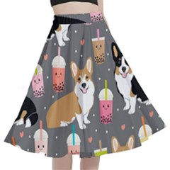 Corgi Boba Tea Bubble Tea Kawaii Food Welsh Corgis Dog A-line Full Circle Midi Skirt With Pocket by Perong