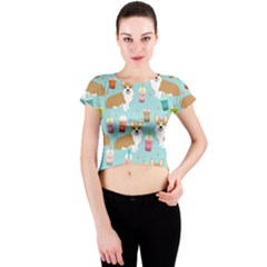 Corgi Boba Tea Bubble Tea Kawaii Food Welsh Corgis Dog Pattern Crew Neck Crop Top by Perong