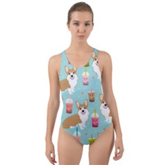 Corgi Boba Tea Bubble Tea Kawaii Food Welsh Corgis Dog Pattern Cut-out Back One Piece Swimsuit by Perong