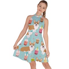 Corgi Boba Tea Bubble Tea Kawaii Food Welsh Corgis Dog Pattern Sleeveless Halter Neck A-line Dress