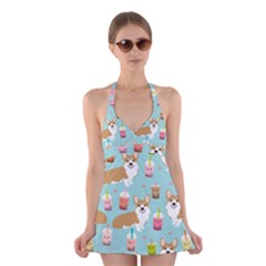 Corgi Boba Tea Bubble Tea Kawaii Food Welsh Corgis Dog Pattern Halter Dress Swimsuit  by Perong