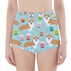 Corgi Boba Tea Bubble Tea Kawaii Food Welsh Corgis Dog Pattern High-waisted Bikini Bottoms by Perong