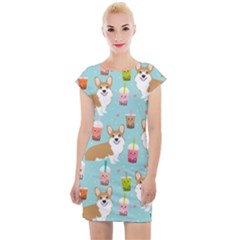 Corgi Boba Tea Bubble Tea Kawaii Food Welsh Corgis Dog Pattern Cap Sleeve Bodycon Dress by Perong