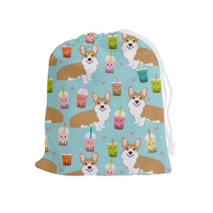 Corgi Boba Tea Bubble Tea Kawaii Food Welsh Corgis Dog Pattern Drawstring Pouch (XL)