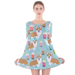 Corgi Boba Tea Bubble Tea Kawaii Food Welsh Corgis Dog Pattern Long Sleeve Velvet Skater Dress by Perong