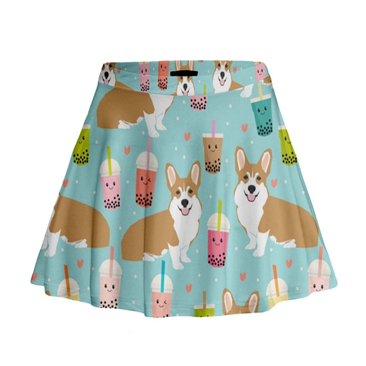 Corgi Boba Tea Bubble Tea Kawaii Food Welsh Corgis Dog Pattern Mini Flare Skirt