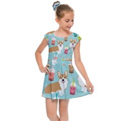 Corgi Boba Tea Bubble Tea Kawaii Food Welsh Corgis Dog Pattern Kids  Cap Sleeve Dress by Perong