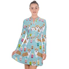 Corgi Boba Tea Bubble Tea Kawaii Food Welsh Corgis Dog Pattern Long Sleeve Panel Dress by Perong