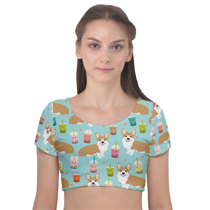 Corgi Boba Tea Bubble Tea Kawaii Food Welsh Corgis Dog Pattern Velvet Short Sleeve Crop Top 