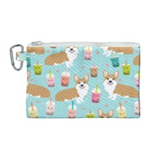 Corgi Boba Tea Bubble Tea Kawaii Food Welsh Corgis Dog Pattern Canvas Cosmetic Bag (medium)