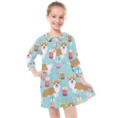 Corgi Boba Tea Bubble Tea Kawaii Food Welsh Corgis Dog Pattern Kids  Quarter Sleeve Shirt Dress by Perong