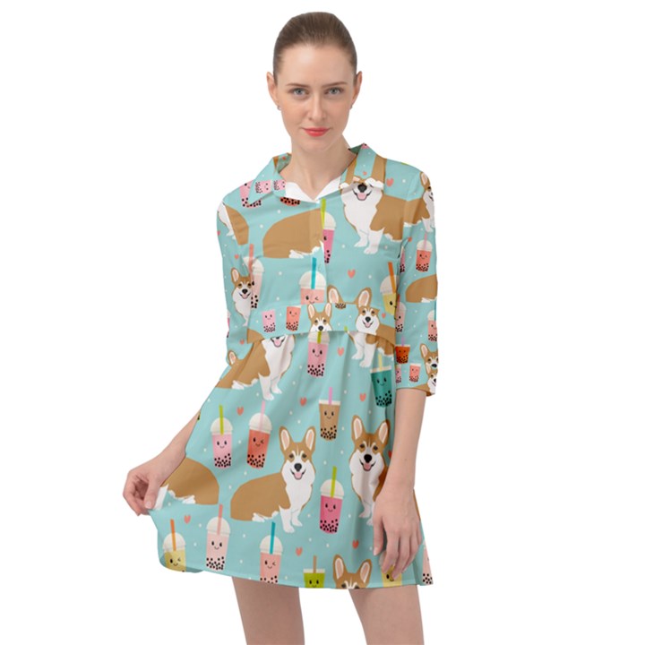 Corgi Boba Tea Bubble Tea Kawaii Food Welsh Corgis Dog Pattern Mini Skater Shirt Dress