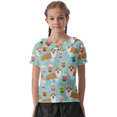 Corgi Boba Tea Bubble Tea Kawaii Food Welsh Corgis Dog Pattern Kids  Frill Chiffon Blouse by Perong