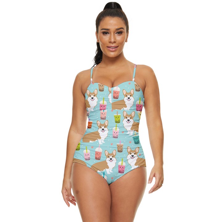 Corgi Boba Tea Bubble Tea Kawaii Food Welsh Corgis Dog Pattern Retro Full Coverage Swimsuit