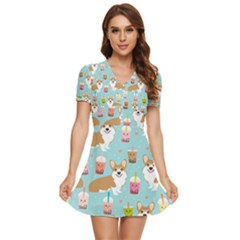 Corgi Boba Tea Bubble Tea Kawaii Food Welsh Corgis Dog Pattern V-neck High Waist Chiffon Mini Dress by Perong