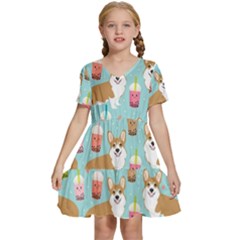 Corgi Boba Tea Bubble Tea Kawaii Food Welsh Corgis Dog Pattern Kids  Short Sleeve Tiered Mini Dress by Perong