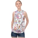 Cute Owl Bird Animal Pattern High Neck Satin Top View1