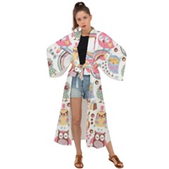 Cute Owl Bird Animal Pattern Maxi Kimono by Perong