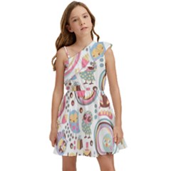 Cute Owl Bird Animal Pattern Kids  One Shoulder Party Dress by Perong