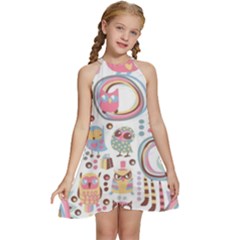 Cute Owl Bird Animal Pattern Kids  Halter Collar Waist Tie Chiffon Dress by Perong