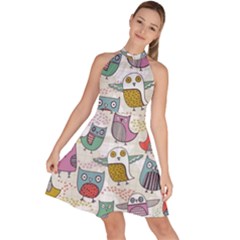 Owl Animal Bird Pattern Sleeveless Halter Neck A-line Dress by Perong