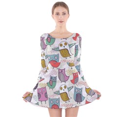 Owl Animal Bird Pattern Long Sleeve Velvet Skater Dress