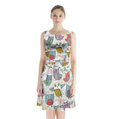 Owl Animal Bird Pattern Sleeveless Waist Tie Chiffon Dress