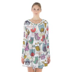 Owl Animal Bird Pattern Long Sleeve Velvet V-neck Dress