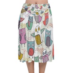 Owl Animal Bird Pattern Velvet Flared Midi Skirt