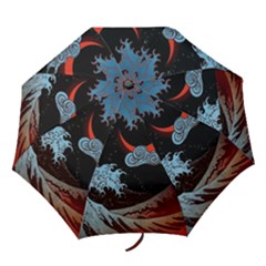 Night In The Ocean Red Waves Art Moon Dark Japanese Wave Folding Umbrellas by Perong