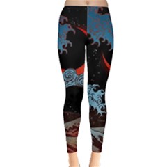 Night In The Ocean Red Waves Art Moon Dark Japanese Wave Everyday Leggings  by Perong