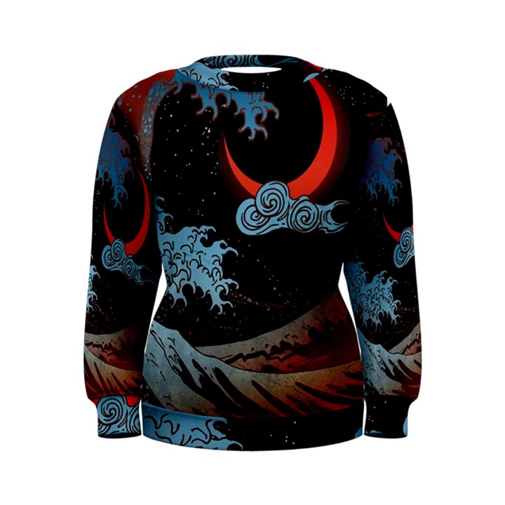 Night In The Ocean Red Waves Art Moon Dark Japanese Wave Women s Sweatshirt