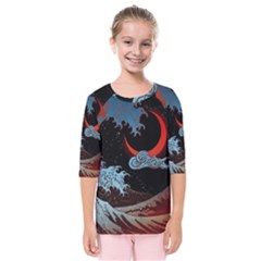 Night In The Ocean Red Waves Art Moon Dark Japanese Wave Kids  Quarter Sleeve Raglan T-shirt