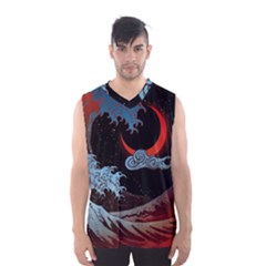 Night In The Ocean Red Waves Art Moon Dark Japanese Wave Men s Basketball Tank Top by Perong