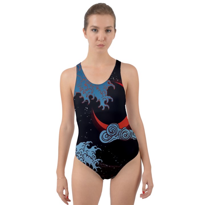 Night In The Ocean Red Waves Art Moon Dark Japanese Wave Cut-Out Back One Piece Swimsuit