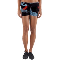 Night In The Ocean Red Waves Art Moon Dark Japanese Wave Yoga Shorts by Perong