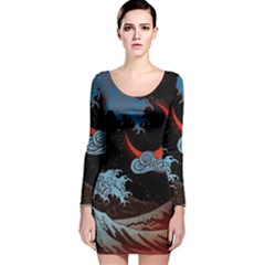 Night In The Ocean Red Waves Art Moon Dark Japanese Wave Long Sleeve Velvet Bodycon Dress